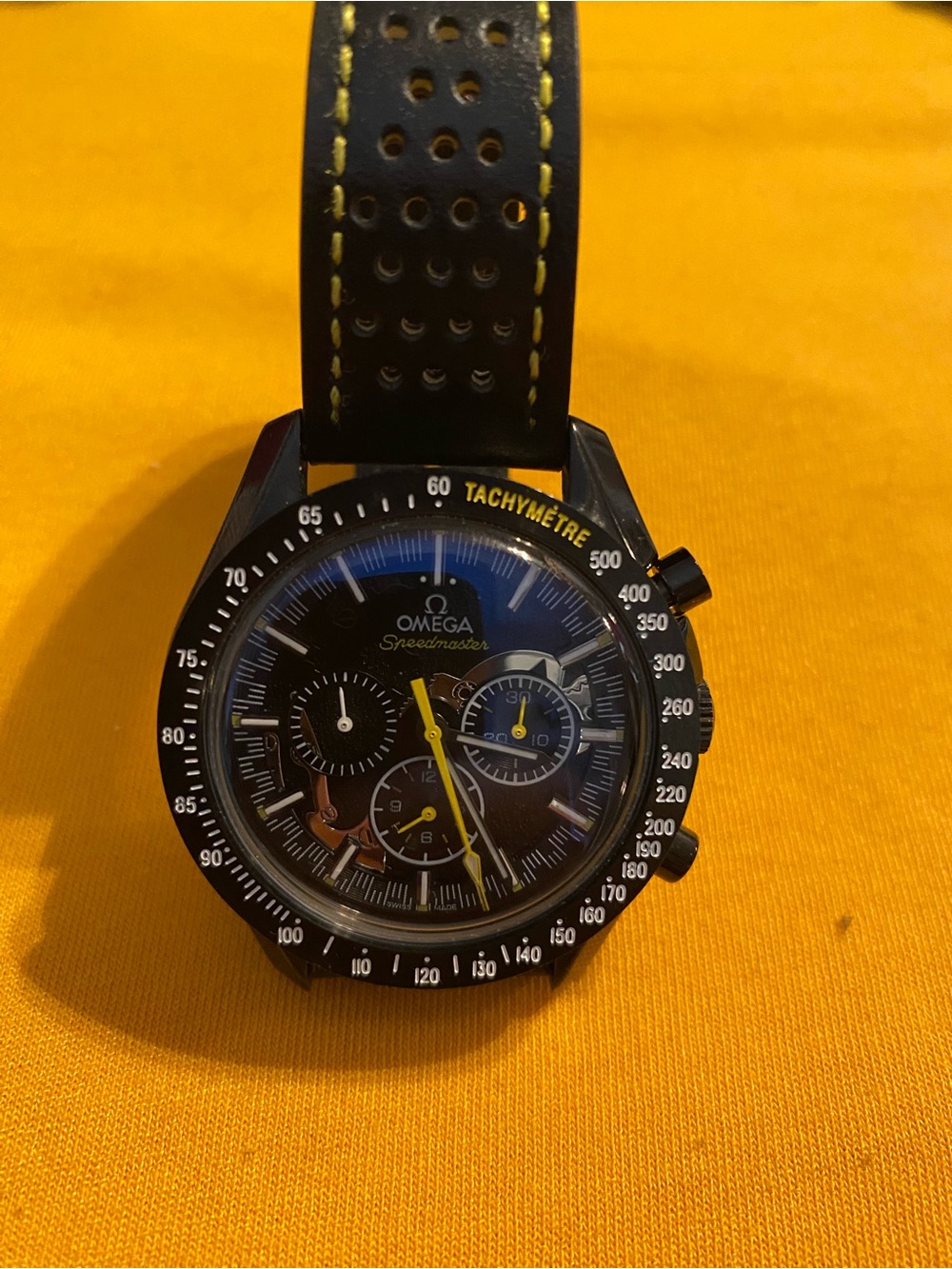 Omega Black and Yellow Men's Chronograph Watch